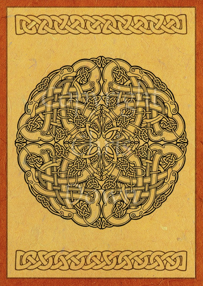 A circular Celtic knotwork design featuring eight dogs. The background is dark beige, with an deep orange border. The knotwork is black.