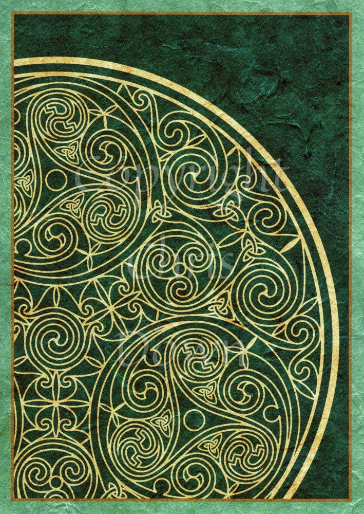 Illustration of part of a circle containing intricate Celtic swirls and knotwork. The design is tan in colour, on a green background with a paler green border.