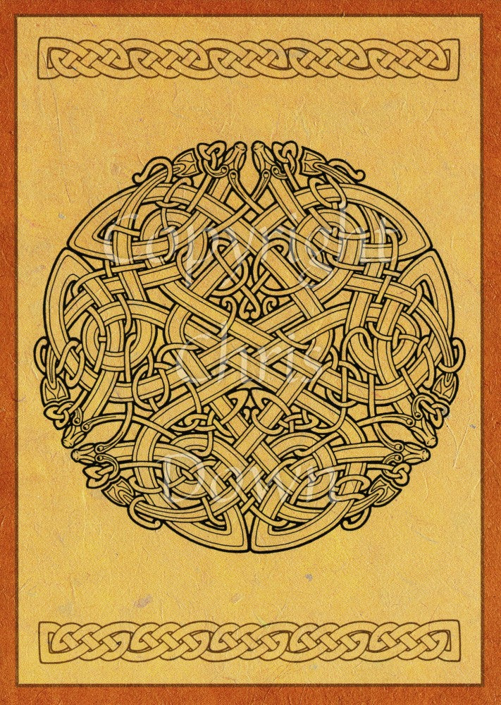 A circular Celtic outline design featuring six serpents, two facing upwards, then two at the lower left and right. Colours are mostly dark beige and black. There's also a dark orange border, and a simple horizontal Celtic knot design across the top and bottom.