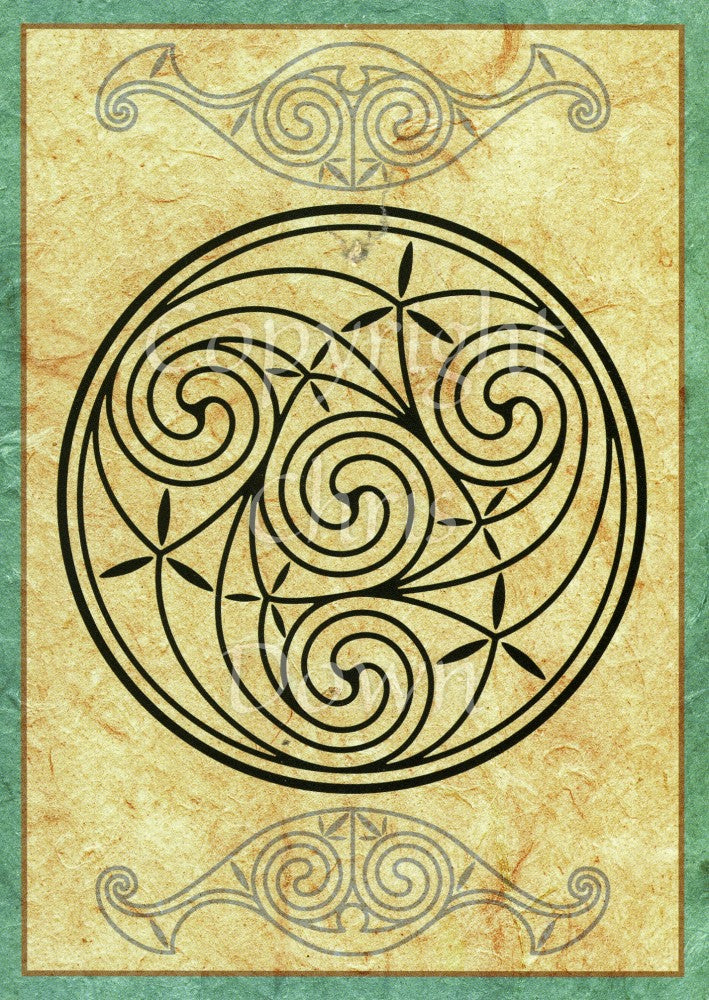 A series of Celtic spirals and flowers enclosed in a circle. There are two further Celtic shapes above and below the main circle. The background is a beige pattern, with a green border. the Celtic design is black.