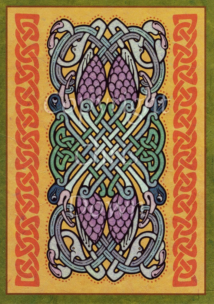A complex Celtic design comprising four intertwined Celtic-style birds. Ribbons of Celtic knotwork run vertically to the sides. The background is dark beige with a dark green border. Main design colours are greens, blues, pinks and purple.