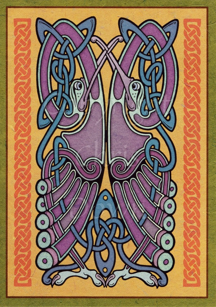 A complex Celtic design comprising two intertwined Celtic-style birds, heads facing upwards, wings and feet towards the bottom. Ribbons of Celtic knotwork run vertically to the sides. The background is dark beige with a dark green border. Main design colours are blue, deep pinks and purple.