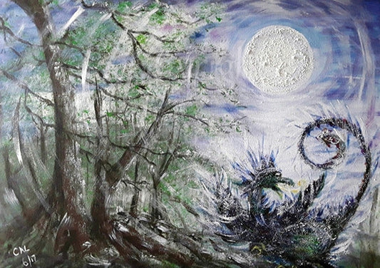 An impressionist-style painting. There's a row of trees on the left half of the design, A black dragon, tail curled in a loop in the air, wings open and breathing fire, sits at the bottom right. The full moon shines overhead.