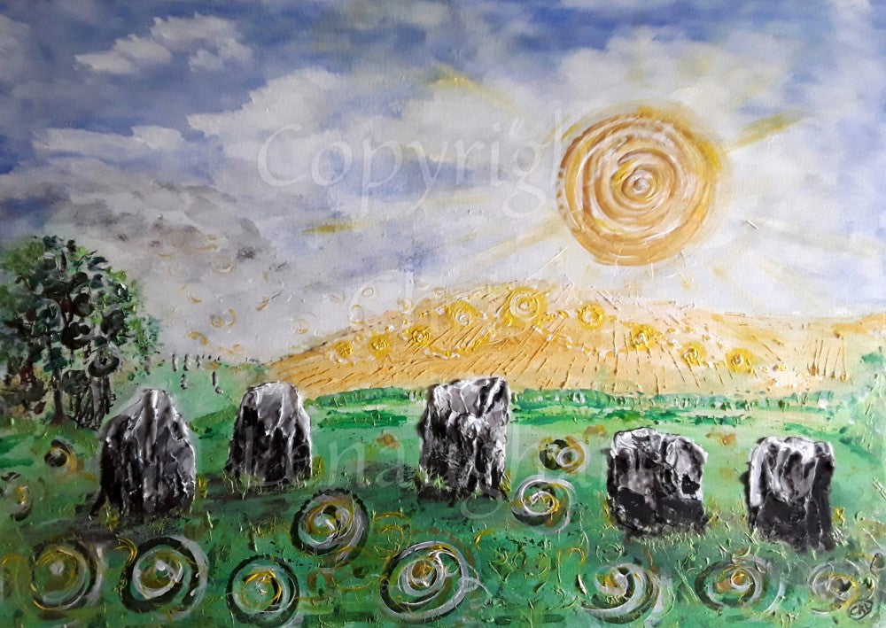 Impressionist-style painting of five grey standing stones in a row across the design from left to right. A tree stands to the left, and a yellow-orange hill stands in the background with the sun shining above. The sky is cloudy with hints of blue showing through. The stones stand in grass, and on the ground in front of the circle are rough swirls of grey with gold in the centre.
