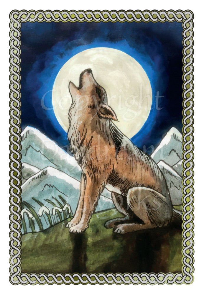 A brown wolf sits on grass with his head back, howling. Behind him, a full moon shines against a deep blue night sky. A mountain range can be seen in the distance. A twisted rope border surrounds the design.