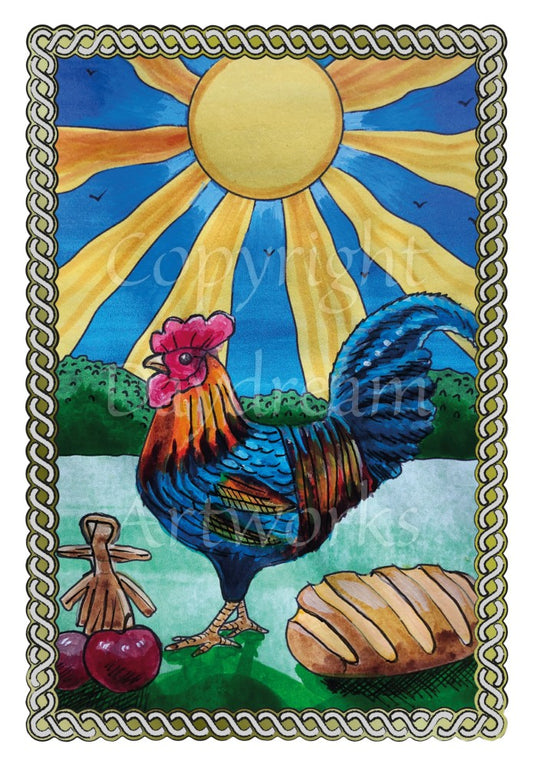 A blue cockerel with an orange and pink head stands in a field which extends into the distance and ends with a hedge. To his left sit apples and a corn dolly. To his right, a loaf of bread. Behind him, the sun shines against a deep blue sky.  A twisted rope border surrounds the design.