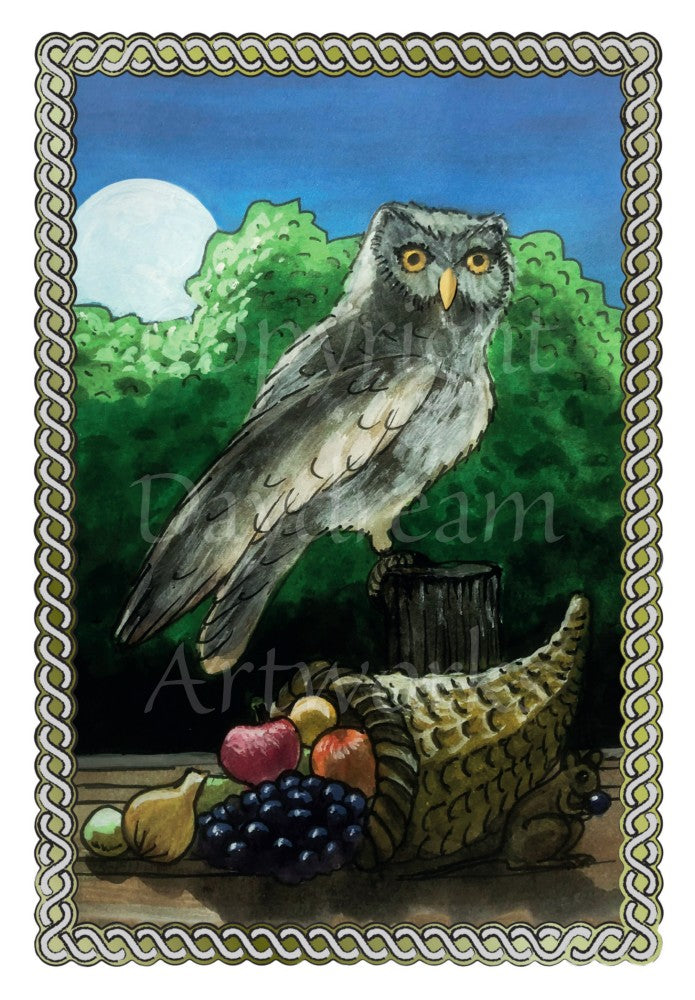 A grey owl sits on a fence post. In front of him, on a table, sits a horn-shaped basket of fruit which includes berries, figs and apples. A mouse sits under curve of the basket, eating a berry. Behind the owl, a full moon rises over above woodland.  A twisted rope border surrounds the design.