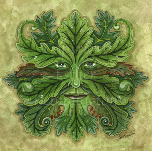 A Green Man dominates this design. Green oak leaves grow out from around his eyes, nose and mouth. Some leaves have red edges. The background is a mottled pale green.