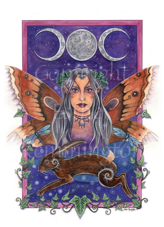 A rectangular design with a deep pink border. At the top, a silver triple moon against a purple sky. In the centre, the head, shoulders and wings of a fairy. She has long silver hair with ivy leaves woven into it, and brown butterfly wings, with a blue damselfly either side on the lower wings. At the bottom of the design, a brown hare runs to the left, and there's ivy around the pink border.