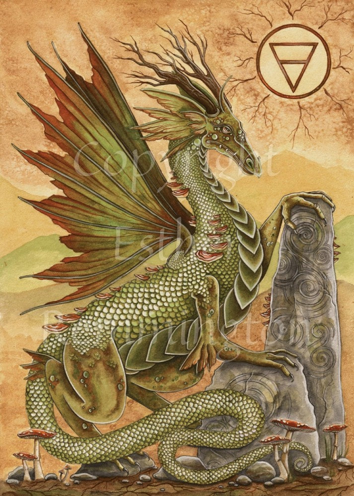 A large dragon with dark green scales faces right toward two standing stones, one taller than the other. He has one front leg on each stone. His long tail curls to the front of the design, his deep red and green wings folded together behind him. Two antlers which look like dead branches protrude from his head. Top right of the design is the symbol for Earth, enclosed in a circle with lines radiating out from it, like the sun. Colours are dark orange, brown and green.