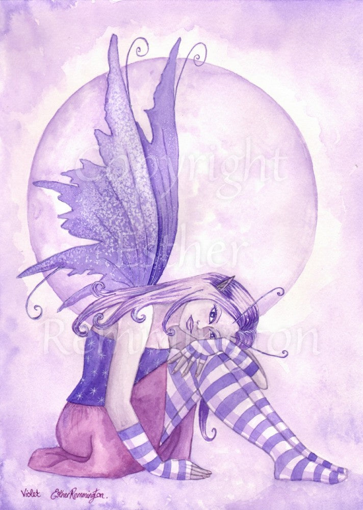 A light purple fairy sits, leaning forward with her head and one arm on her knees. She has purple wings and hair, and is wearing a purple dress with stripey purple leggings. A light purple full moon rises behind her.