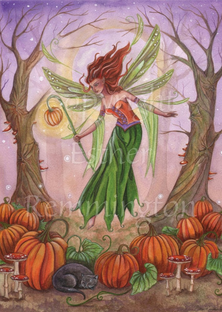 A fairy with red hair wearing a long green and orange dress and holding a pumpkin lantern hovers in the centre of the painting. On the floor across the bottom quarter of the painting are pumpkins and in the middle of them, a black cat sleeps. Dormant trees with faces in the trunks sit to the left and right of the fairy. Overall colours are green, orange and brown.