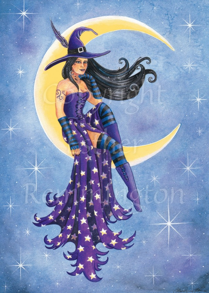 Illustration of a witch sitting inside the curve of a yellow crescent moon. She is wearing a long purple dress with a stars pattern, stripey long gloves and leggings, and purple boots. A purple witch's hat sits over long black hair. The background is shades of blue with large stars.