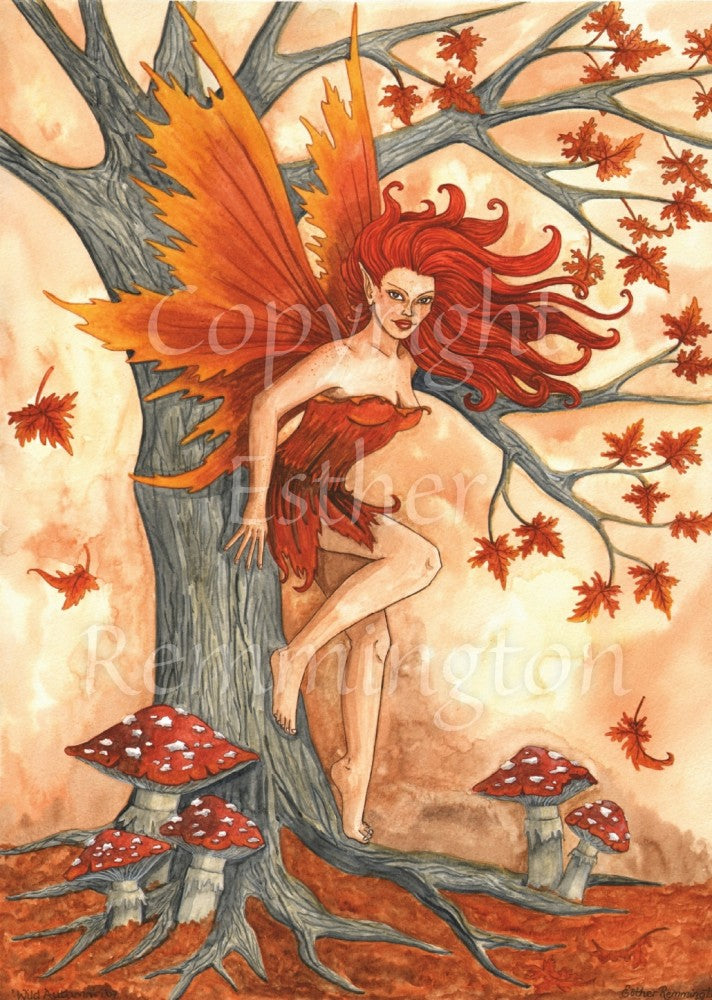 A fairy with burnt orange wings, bright red hair which blows outwards in a breeze, and wearing a short red dress, leans barefoot against a tree looking towards the viewer. The tree bears a few orange leaves, some of which are falling. At the base of the tree, on dark orange ground, stand red and white-dotted toadstools.