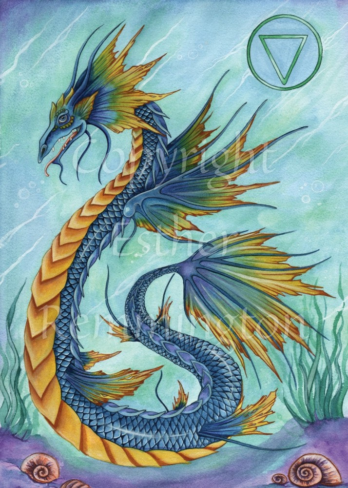 A long, thin dragon with orange scales down the front and deep blue scales down the back, faces to the left, his tail curled up behind him. He has fins instead of wings which are deep blue with orange tips, fanning out behind his head, down his body, and spreading out to form the end of his tail. Top right of the design is the symbol for water, enclosed in a circle. He is surrounded by a teal-coloured sea, with seaweed embedded in a purple sea bed. Snails dot the bottom of the design.
