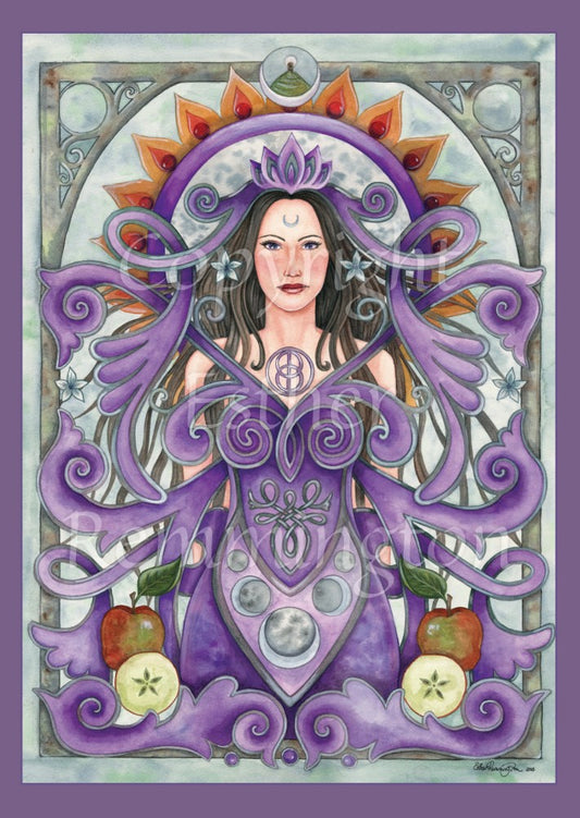 A woman stands in the middle of the design. Her purple dress forms part of a complex set of lines and swirls which take up most of the design. There's a triple moon on the lower part of her dress, and apples either side of her hips. On her head is a lotus design, with a Vesica Pisces above her breast. An arch of flames runs over and to either side of her head, with a small image of Glastonbury Tor at the top. 