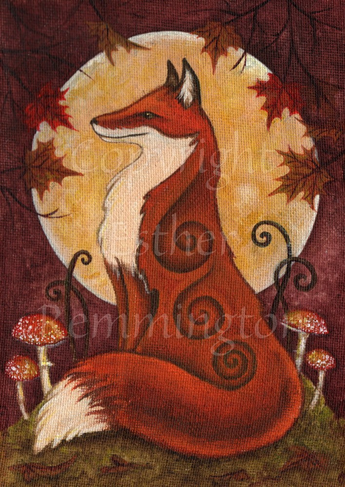 Painting of a red fox with a white chest and tail tip sitting on a small hill surrounded by Fly Agaric mushrooms. Overhead are leaves in autumnal colours, with a full moon behind. The colours are mostly deep reds and browns.