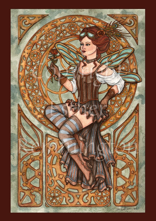A fairy sits in the centre of the image, surrounded by decorative bronze artwork with a steampunk gears pattern. She is wearning a brown dress with a long blue and brown skirt, and striped leggings with brown boots. Her wings look like decorative metal. Her long red hair is tied back with peacock feathers, and a pair of goggles rests on top. In her gloved hand she holds a red rose.