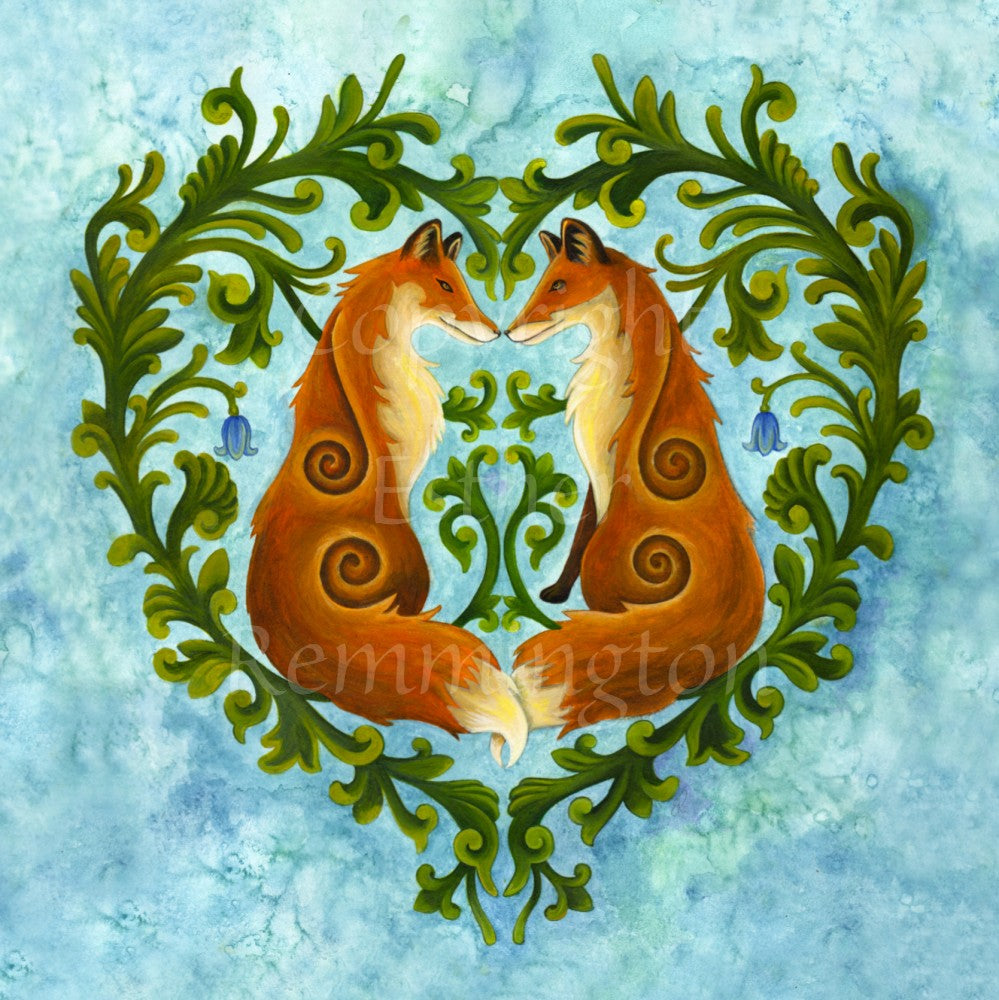 A symmetrical design. Two red foxes sit facing each other, noses touching and tails entwined. Surrounding the foxes are two green, leaved branches which form the two halves of a heart shape. A single bluebell flower hangs behind each fox. The background is a mottled blue.