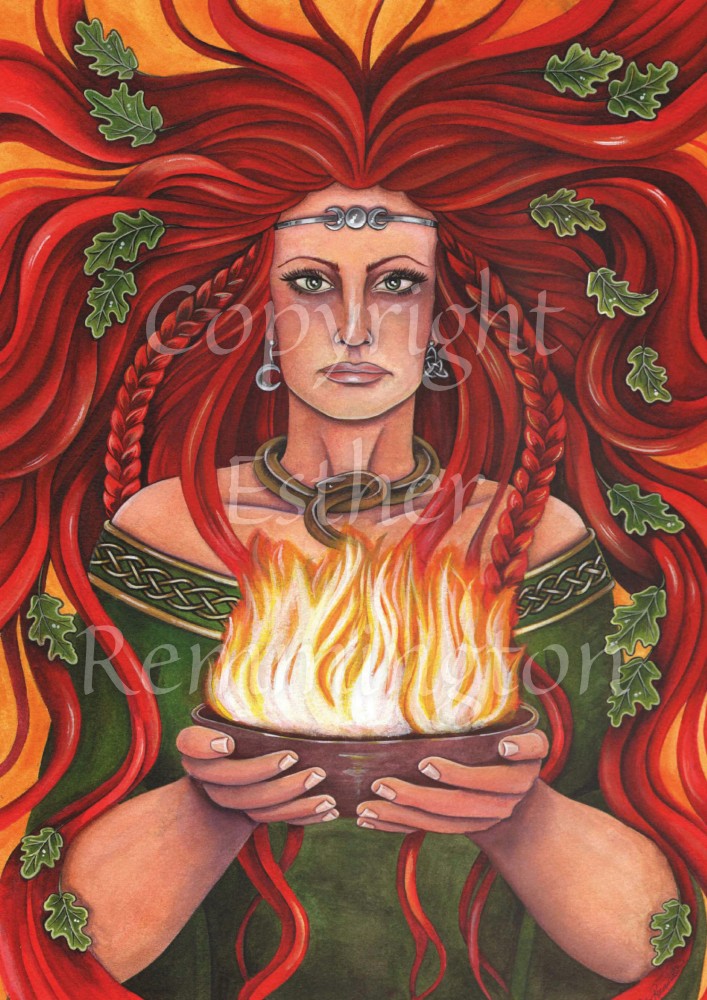 A woman in a green dress and with bright red hair. Her hair flows in all directions to the edge of the painting, and is interwoven with oak leaves. In front, she holds a bowl with flames rising from it. Colours are strong reds, greens and oranges.