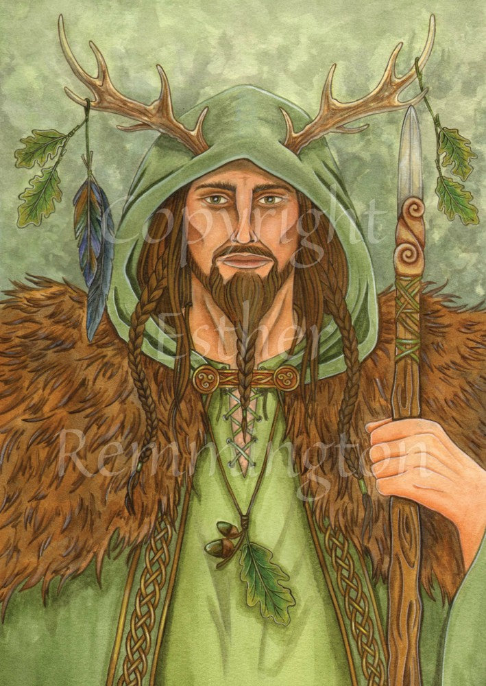 The design features a man in a green cloak with brown fur mantle, long hair and beard in braids, and antlers protruding from his head. Crow feathers and oak leaves dangle from his antlers, and he wears a necklace of oak leaf and acorns. In one hand he holds a staff.