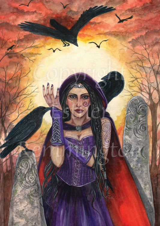 A woman with long black hair and wearing a purple dress and cloak with a red lining, stands between two standing stones, the right stone taller than the left. She is facing the viewer. Three ravens surround her: one is standing on the left stone facing the woman, one is sitting on her shoulder, and one flies overhead. More ravens can be seen flying in the distance. Behind her, red clouds surround a yellow sun, and leafless trees can be seen to the left and right.