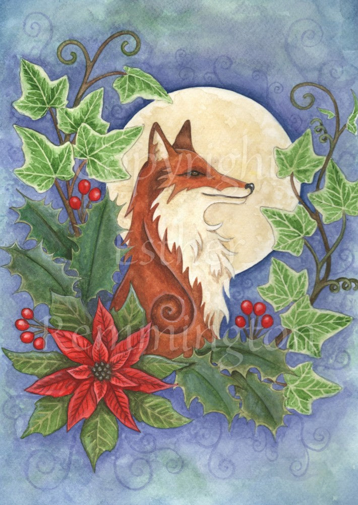 The head and shoulders of a red fox sit in the centre of the design, facing to the right. A full moon, or pale sun, shines behind the fox, which is surrounded by berried holly and ivy, with poinsettia to the bottom left. The background is mottled dark blue.