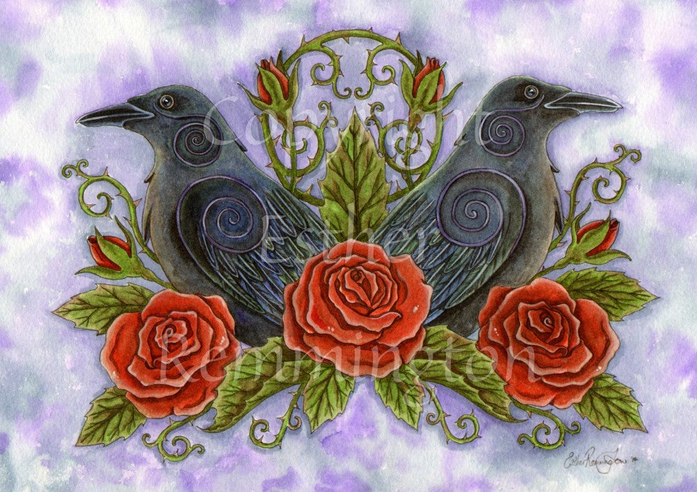 A symmetrical illustration of two ravens facing to the left and right, and away from each other. Below them on the left, middle and right, are three red roses surrounded by leaves. To the left and right, and above, two rose buds are surrounded by prickly curled stems.