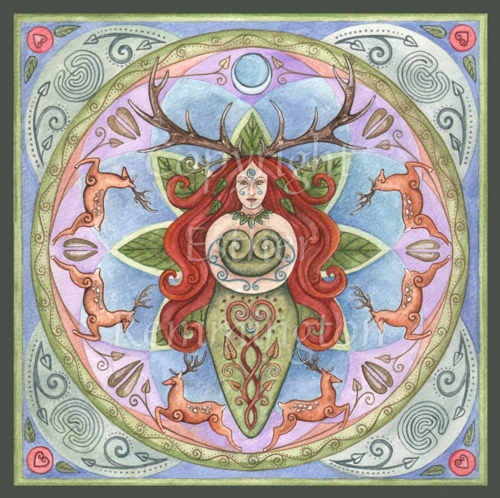 A Goddess figure wearing a green dress, and with long red hair and stag antlers, stands in the centre of a green outer ring. Stags run around the inside of the ring. Colours are green, blue, brown and red.