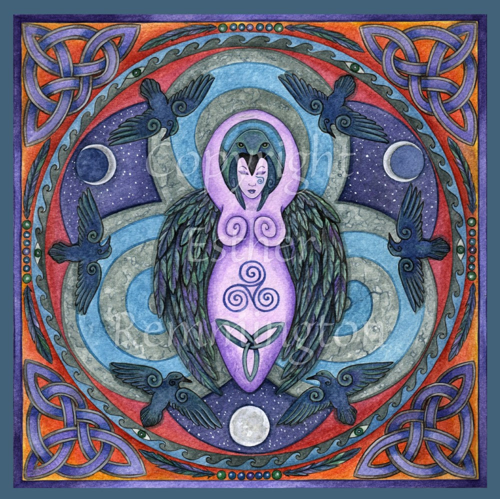 A raven stands behind a purple Goddess figure, its huge wings folded down her sides. She stands in the centre of a ring. Ravens fly around the inside of the ring, with each aspect of the triple moon also present. There's a Celtic knot in each corner. Colours are purple, red, and blue.