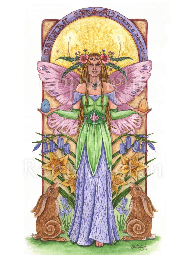 A fairy wears a long dress resembling a flower, with the top half green and resembling sepals, and the skirt veined blue, resembling petals. Her wings are pink and resemble butterfly wings. In each hand she holds an egg, one blue, one orange. To her left and right are bluebells and daffodils, and two hares sit at her feet. An arch over her head reads "Ostara - Spring Equinox".