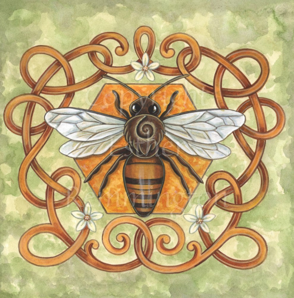 An illustration of a brown bee viewed from the top, wings open and legs in view. The bee sits on an orange honeycomb cell. A knot and flower design surrounds the bee. The background is mottled pale green.