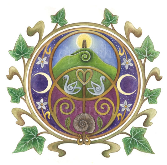 A circular design on a white background featuring the Chalice Well (Vesica Pisces) symbol inside a circle of ivy leaves. Glastonbury Tor, the sun rising behind the tower against a blue sky, nestles inside the upper circle of the symbol, with two swans in the area where the two circles join. An ammonite is inside the lower circle, against a maroon background. To the left and right are two opposing crescent moons, and small white flowers.