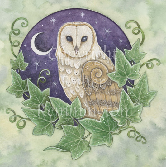 Illustration of the head and body of a brown and cream owl, enclosed in a circle with ivy leaves around the bottom two thirds, and a purple night sky with crescent moon and stars in the background. The bird is facing to the left, with its head turned to face the viewer. Stars can be seen in its eyes. The overall background is a mottled green.
