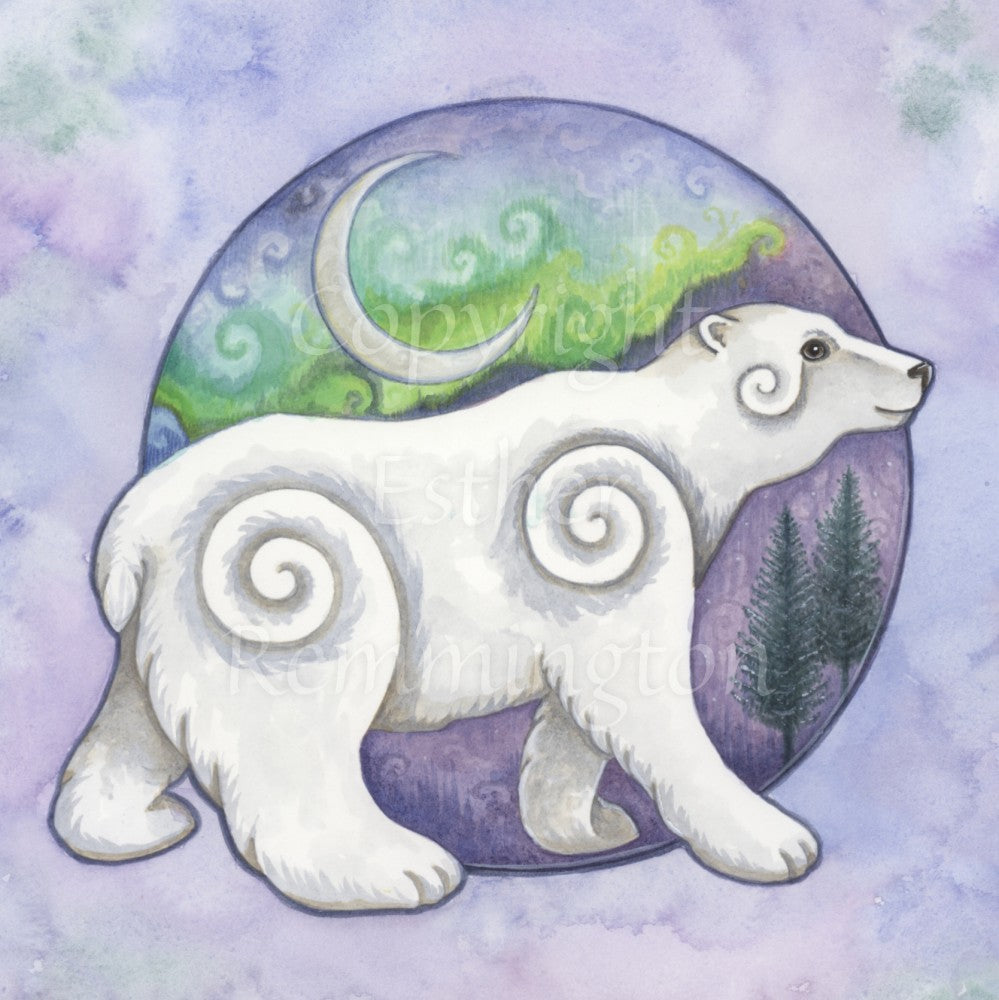 Illustration of a polar bear walking towards the right. Swirls can be seen on its hips, shoulders and cheek. It stands in front of a large circular backdrop, within which are pine trees on a purple background at the bottom, then a green, fading upwards to blue swirly pattern, with a crescent moon over the top. Background is a mottled purple.
