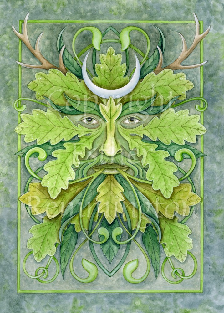 A Green Man illustration. Green oak leaves protude from around his green eyes, and brown-ish leaves from around his mouth. Swirly tendrils appear from all directions from behind the leaves, and out from his mouth. Stag antlers extend out from the top left and right, and an upturned crescent moon sits above his eyes. The background is a mottled green-blue.