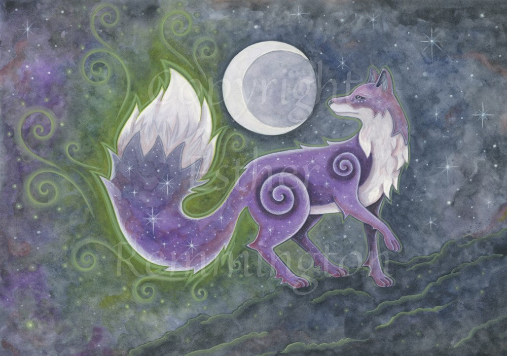 A purple fox with white chest and tail faces to the right, one front paw raised, and its head turned back to the left. A faint green glow can be seen all around them, becoming stronger and more like fire as it reaches the tail. A large crescent moon can be seen above their back, just to the left their head. They appears to be walking on clouds. The background is a starry mottled grey-blue.