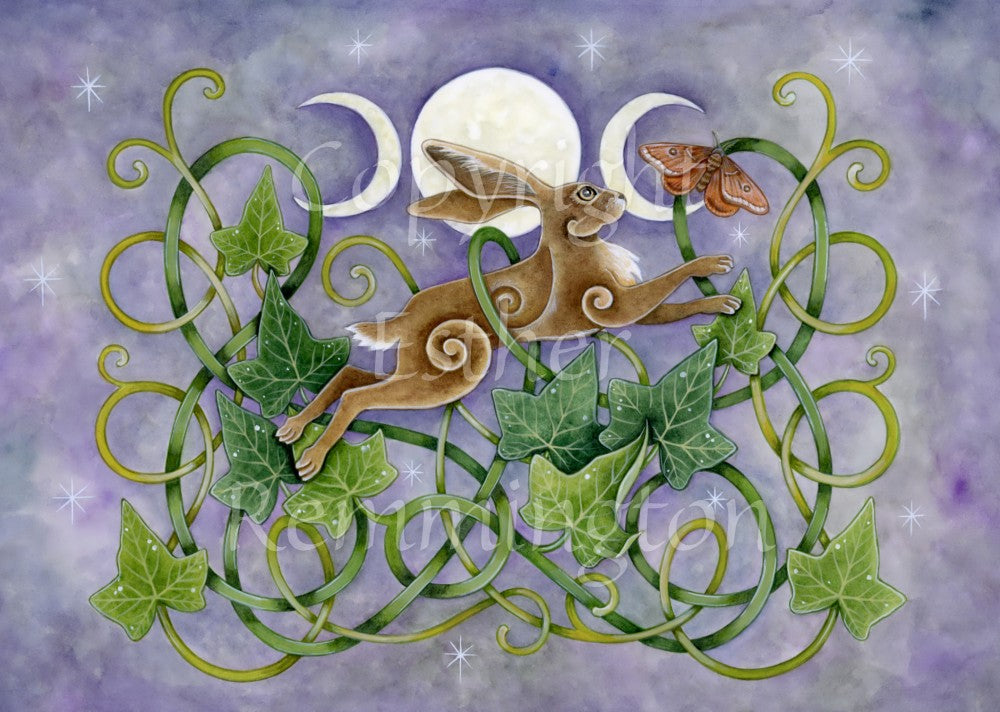A brown hare leaps to the right through green tendrils of ivy. A brown moth flutters ahead. A triple moon shines from behind the hare. The overall background is a mottled purple, with stars shining here and there.
