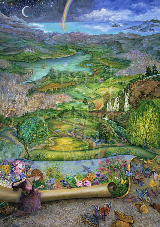 A lady sits, large needle and thread in hand, next to the end of a giant scroll. The scroll, opening out into the far distance, is a tapestry of birds and flowers closest to the lady, the folds then form fields, trees, hills and waterfalls in the middle distance, then a lake and mountains, and finally the sea, with a night sky on one side, partially-cloudy blue sides on the other, and a rainbow dividing the two.