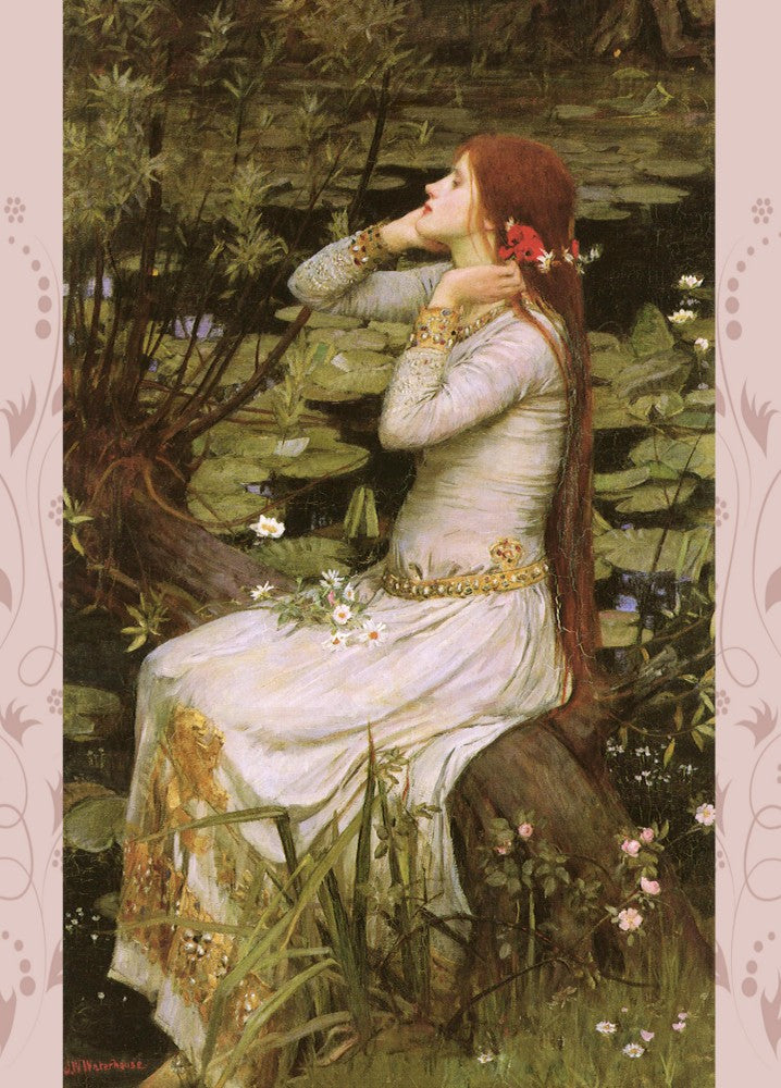 A woman with long red hair sits on the horizontal trunk of a tree which leans out over a river. She is wearing a long white dress with gold-coloured embroidery and belt. There are daisies in her lap. Her hands reach to either side of her head. Beyond, the river is covered in lily pads.