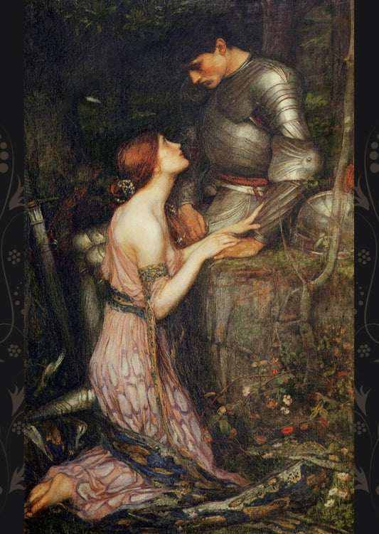 A woman in a thin mottled pink dress kneels in front of a man dressed in armour. He is seated on a rock, he helmet to one side and his sword standing near his feet. Her hands are on his hand and arm. She looks up at him, as he looks down at her. 