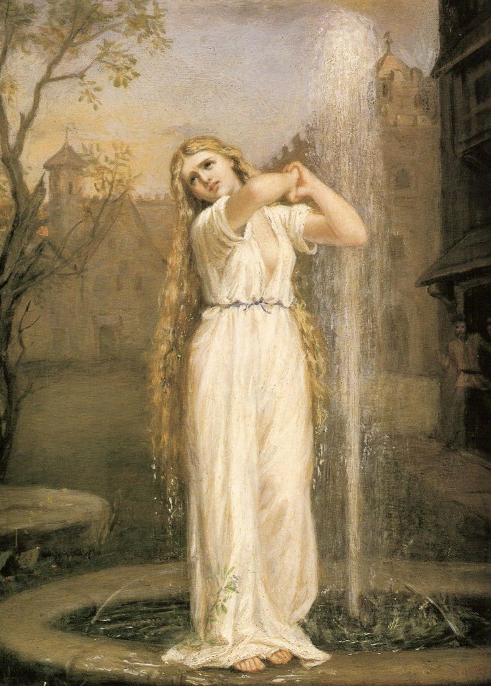 A woman with very long blonde hair, and wearing a long white dress, stands on the stone surround of a gushing fountain. Her hands are clenched together at shoulder height, and her head tipped back. Behind her there's a village square of old houses. A tree stands to the left. To the right, people can be seen standing at an open door, looking towards the woman. Colours are browns and creams.