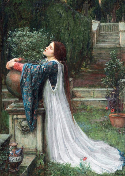 A woman with long red hair, and wearing sleeveless long white dress with a patterned blue top underneath, kneels in front of a stone plinth with a pot on top. A skull is engraved into the plinth. At the front, another plinth and a pot with a spout. Behind her, steps lead away into a garden with a long, tall hedge, and more steps beyond that.