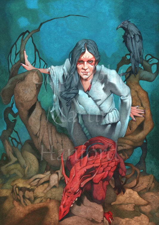 A long-haired woman leans towards the viewer from between two branches of a dead tree. A red dragon crouches on the ground in front of her. Behind her, a raven sits on the tree. Colours are blues, reds and browns.