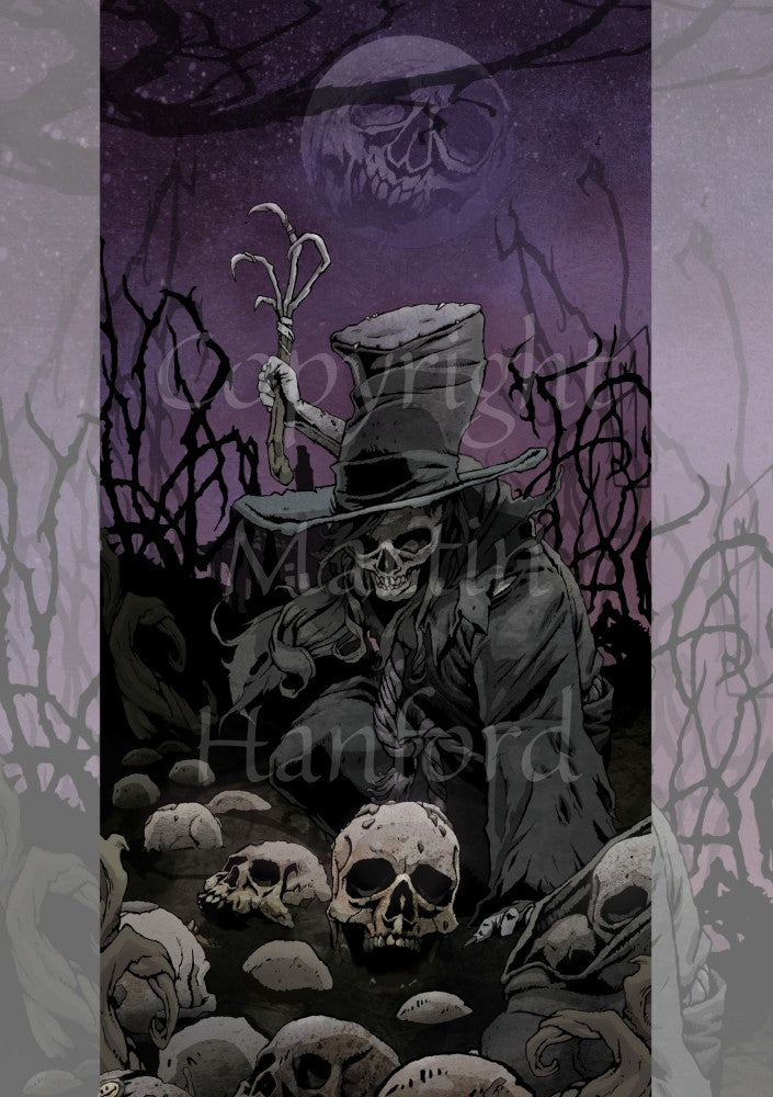 A skeletal figure in a dark cloak, large top hat, and holding a staff topped with finger bones, crouches over a jumble of human skulls. In the background, dead branches, a purple night sky, and a full moon with a skull-like face.