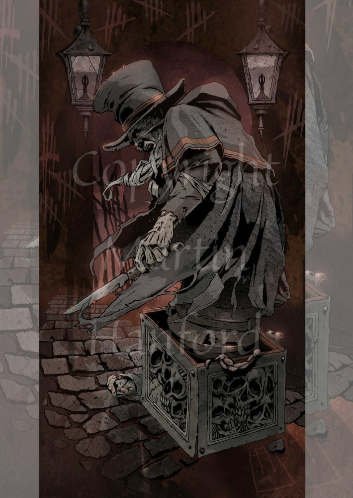 A figure wearing a long, ripped cloak and top hat, and carrying a long knife, rises on a spring from a metal box covered in a skull pattern. From behind the box, on a cobbled path, lies a dead hand clutching ... something! Behind him are two unlit gas lanterns and sets of tally marks all around. Colours are deep copper and grey/brown.