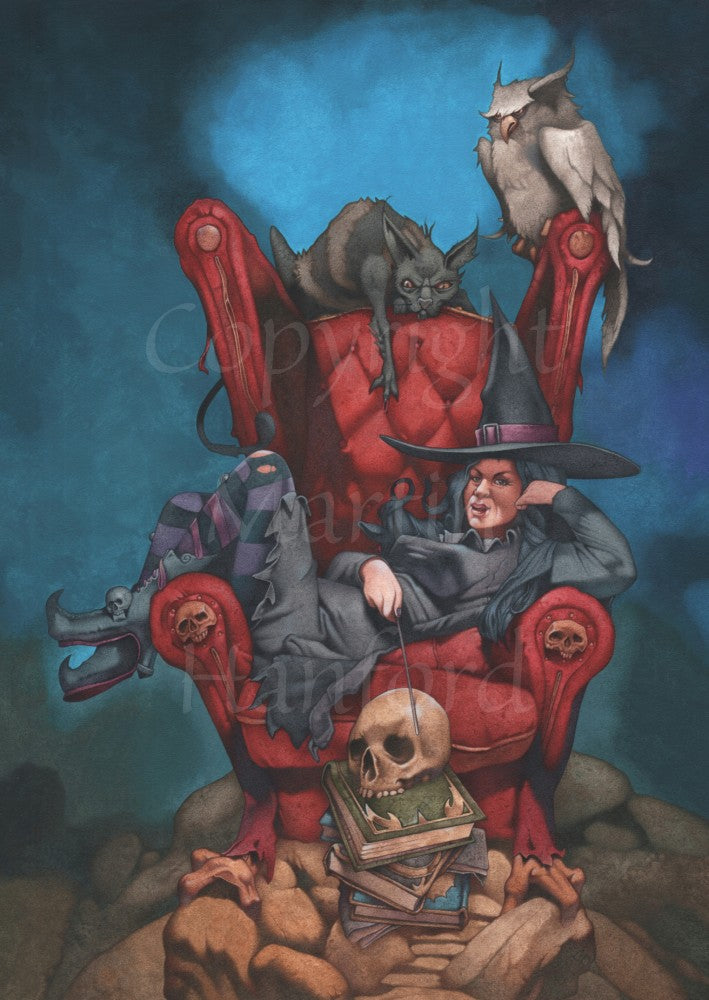 A witch in a black dress and pointy hat lounges on her back, feet to the left, head to the right, across a large red padded chair with arms and a high back. In front of the chair, on the floor, is a pile of books with a human skull on top. A black cat crouches on the back of the chair, on leg reaching towards the witch. An owl sits on the right hand side of the back of the chair. The background is mottled dark blue.
