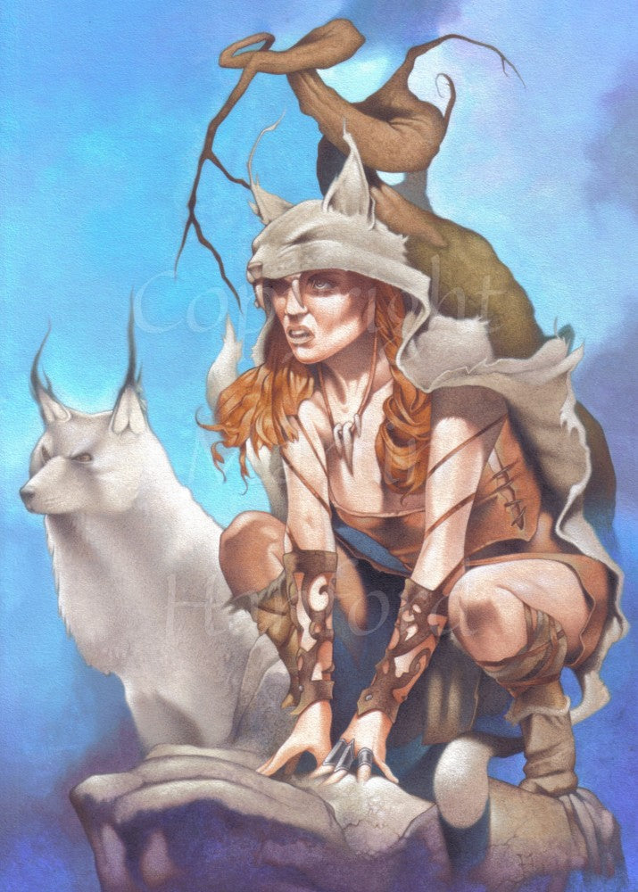 A person with long red hair and wearing a grey wolf skin over their head and back, crouches on a rock, looking to the left and beyond the design. On their right sits a grey wolf, looking in the same direction. A dead tree branch winds its way up behind him against a blue sky.
