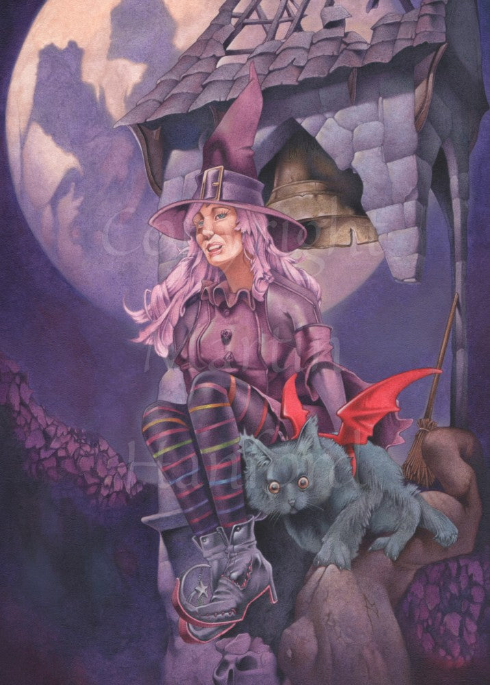 A witch wearing a witch's hat, stripey leggings and boots with long curved toes, sits underneath a bell tower. The bell tower has holes in the roof, and one corner support missing. Next to her is a black cat with small red dragon wings. A full moon rises behind the bell tower. Mostly purple in colour.