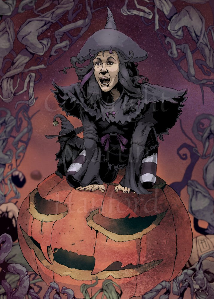 A witch in black dress, pointed witch's hat and stripey leggings crouches on a large, carved Halloween pumpkin. A small dark figure, also wearing a pointy hat but with a bell, sits next to her.
